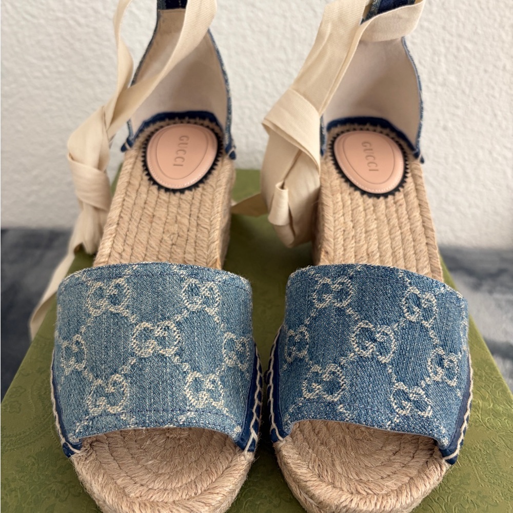 Gucci Blue Denim Monogram Espadrille Wedge Sandals with Cream Ankle Ties - Picture 3 of 11